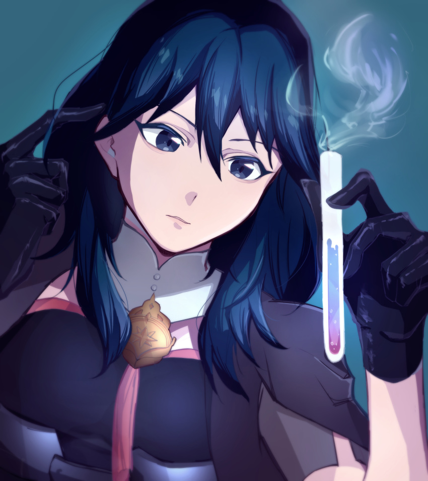 1girl absurdres bangs black_gloves blue_eyes blue_hair byleth_(fire_emblem) byleth_eisner_(female) fire_emblem fire_emblem:_three_houses gloves grey_background hair_between_eyes hair_twirling highres holding parted_lips saba_shiono0141 shiny shiny_clothes shiny_hair short_sleeves smoke solo test_tube upper_body