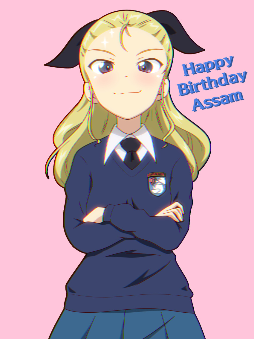 1girl assam_(girls_und_panzer) black_legwear black_neckwear black_ribbon blonde_hair blue_eyes blue_skirt blue_sweater character_name closed_mouth commentary crossed_arms dress_shirt emblem english_text girls_und_panzer gogopaint hair_pulled_back hair_ribbon happy_birthday highres long_hair long_sleeves looking_at_viewer miniskirt necktie pantyhose pink_background pleated_skirt ribbon school_uniform shirt simple_background skirt smile solo st._gloriana's_(emblem) st._gloriana's_school_uniform standing sweater v-neck white_shirt wing_collar