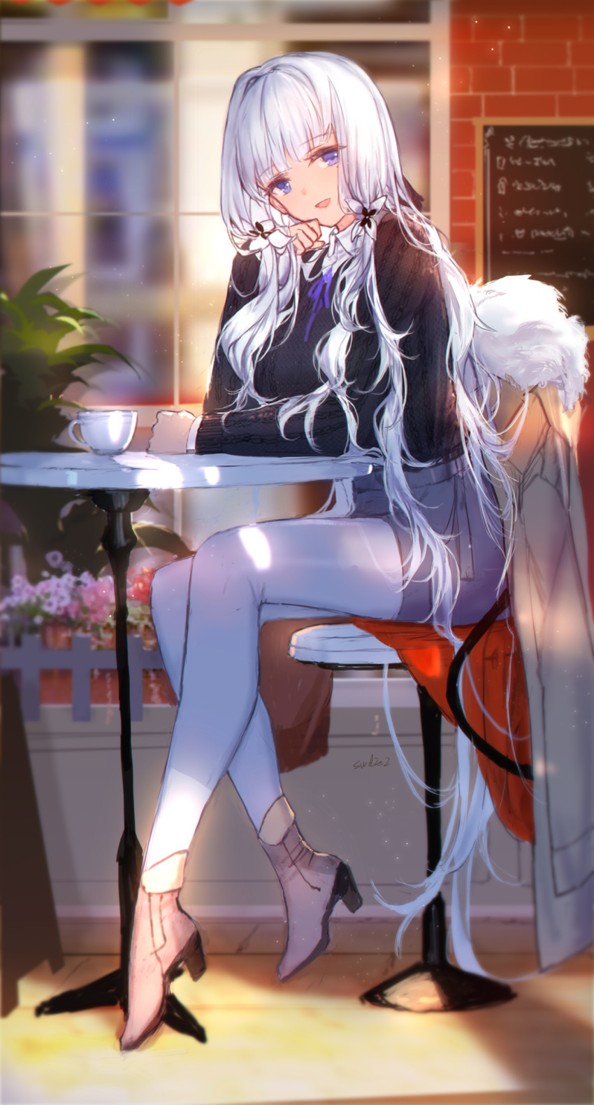 1girl :d alternate_costume arm_rest azur_lane bangs black_sweater blue_eyes blue_legwear blunt_bangs boots breasts brick_wall brown_footwear cafe chair chalkboard coat coat_removed crossed_legs cup denim denim_shorts eyebrows_visible_through_hair fur_trim hair_ornament head_rest high_heels highres illustrious_(azur_lane) large_breasts leggings long_hair long_sleeves looking_at_viewer mole mole_under_eye open_mouth outdoors plant ribbed_sweater shorts sidelocks sitting smile swd3e2 sweater table teacup window