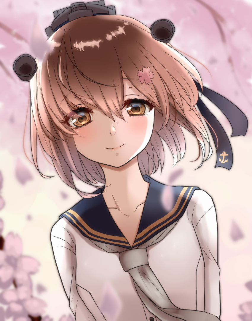 1girl anchor_symbol brown_eyes brown_hair cherry_blossoms commentary_request dress dutch_angle eyebrows_visible_through_hair flower grey_neckwear hair_flower hair_ornament highres kantai_collection looking_at_viewer nuka_(nvkka) remodel_(kantai_collection) sailor_dress short_hair smile solo speaking_tube_headset upper_body yukikaze_(kantai_collection)