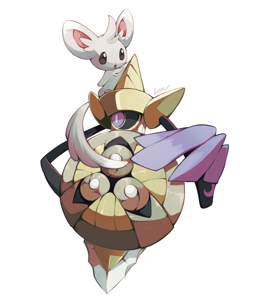 :o absurdres aegislash black_sclera brown_eyes commentary_request gen_5_pokemon gen_6_pokemon highres kisa_(kisa-kisa5900) minccino no_humans open_mouth pokemon pokemon_(creature) shiny signature single_eye tongue violet_eyes white_background