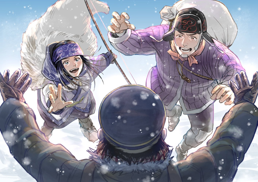 1girl 2boys :d ainu ainu_clothes asirpa banda black_hair black_headwear blue_eyes boots bow_(weapon) brown_gloves brown_hair brown_jacket cape facial_hair from_behind full_body fur_cape fur_trim ganpiro gloves goatee golden_kamuy grey_hair happy happy_tears hat holding holding_bow_(weapon) holding_weapon jacket jewelry jumping long_hair long_sleeves military_hat multiple_boys open_mouth outdoors outstretched_arms outstretched_hand purple_headband purple_jacket red_scarf ring sack scarf shiraishi_yoshitake short_hair sideburns smile snowing sugimoto_saichi tears upper_body upper_teeth weapon white_jacket