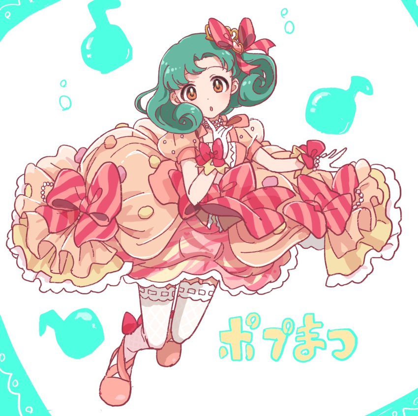 1girl ballet_slippers bangs blush bow dress eighth_note glove_bow gloves green_hair hair_bow highres idol idolmaster idolmaster_million_live! idolmaster_pop_links looking_at_viewer musical_note open_mouth orange_dress orange_eyes puffy_short_sleeves puffy_sleeves red_bow short_hair short_sleeves simple_background solo thigh-highs toggp tokugawa_matsuri white_background white_gloves white_legwear