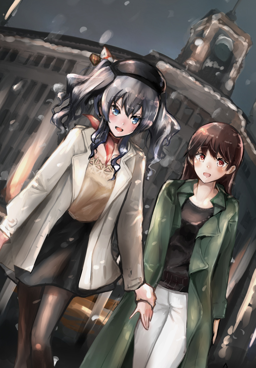 2girls :d alternate_costume black_legwear black_shirt black_skirt blouse blue_eyes brown_eyes brown_hair coat dutch_angle eyebrows_visible_through_hair feet_out_of_frame ginza_(tokyo) ginza_wako green_coat highres holding_hands kantai_collection kashima_(kantai_collection) kazu_(really_in_hot_water_now) long_hair looking_at_another multiple_girls night official_alternate_costume ooi_(kantai_collection) open_mouth pants pantyhose red_eyes red_neckwear red_scarf scarf shirt sidelocks silver_hair skirt smile snowing twintails wavy_hair white_coat white_pants yellow_blouse