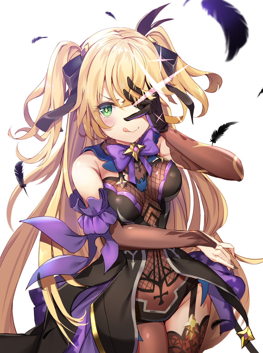 1girl bangs bare_shoulders blonde_hair blush bodystocking bow breasts commentary eyepatch feathers fischl_(genshin_impact) garter_straps genshin_impact gloves green_eyes hair_over_one_eye highres long_hair looking_at_viewer purple_bow purple_neckwear renka_(renkas) single_glove single_leg_pantyhose single_thighhigh small_breasts smile solo thigh-highs thighs two_side_up