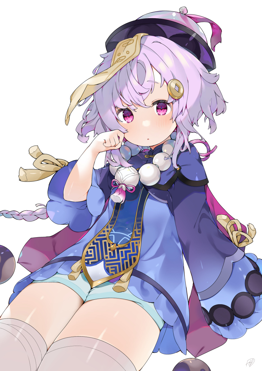 1girl absurdres bangs bead_necklace beads blush braid chinese_clothes genshin_impact hair_ornament hat highres jewelry jiangshi long_hair long_sleeves looking_at_viewer necklace ofuda parted_lips purple_hair purple_headwear qing_guanmao qiqi_(genshin_impact) short_shorts shorts simple_background single_braid sinnop10 solo thigh-highs thighs violet_eyes white_background white_legwear wide_sleeves