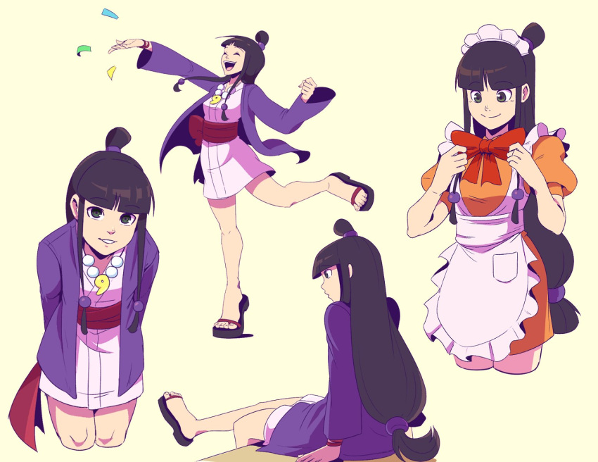 1girl apron ayasato_mayoi bangs black_hair blunt_bangs bow clenched_hand closed_eyes closed_mouth commentary confetti dress english_commentary eyebrows_visible_through_hair green_eyes gyakuten_saiban hair_bun hair_tie highres holding holding_bow jewelry knees leg_up long_hair long_sleeves looking_at_viewer lynyster maid_headdress multiple_views necklace open_mouth orange_dress pink_dress red_bow sash shiny shiny_hair short_sleeves sitting standing standing_on_one_leg teeth tied_hair toes tongue |d