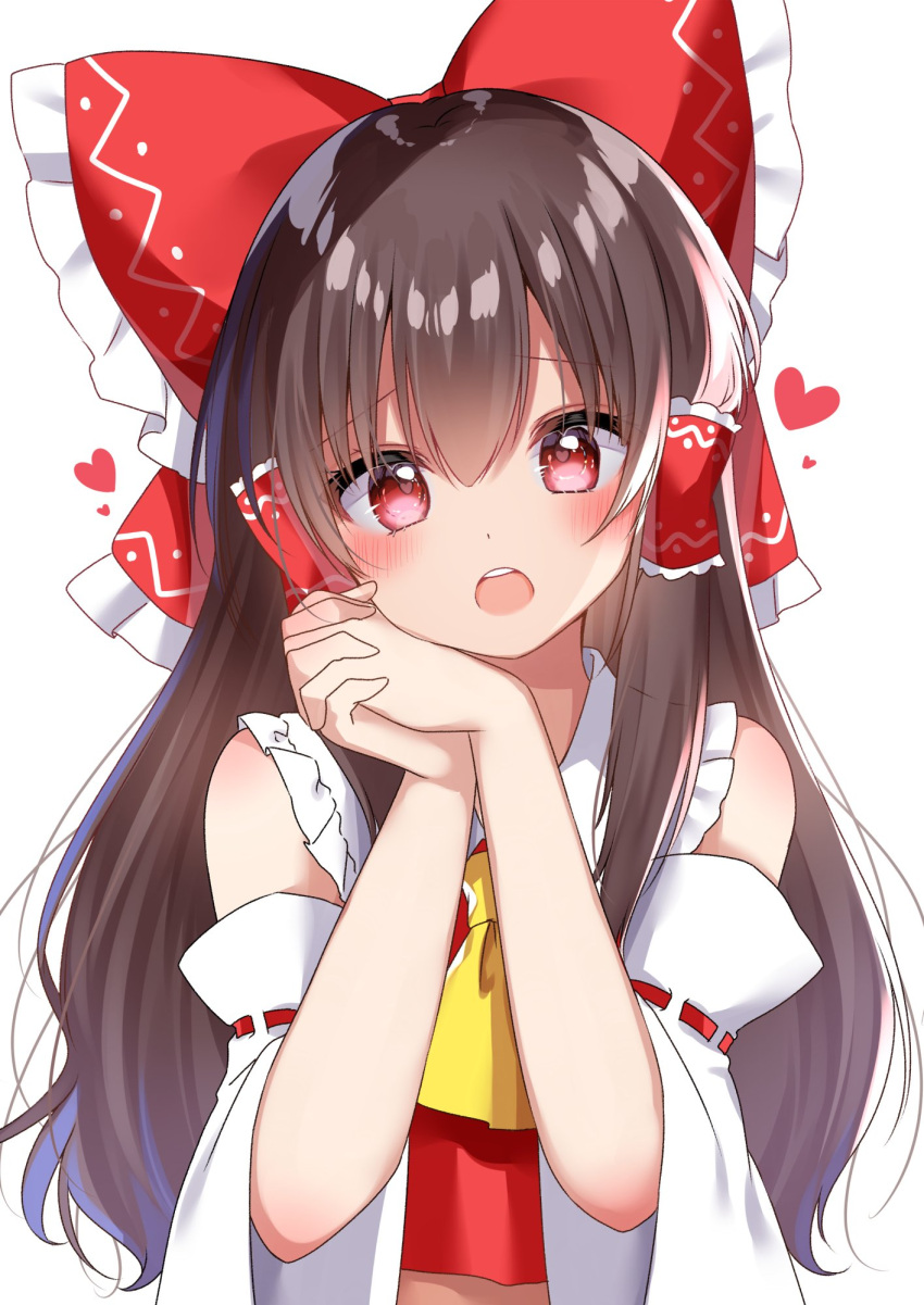 1girl ascot blush bow brown_hair chestnut_mouth commentary detached_sleeves eyebrows_visible_through_hair frills hair_between_eyes hair_bow hair_tubes hakurei_reimu hand_on_own_cheek hand_on_own_face hands_clasped heart heart-shaped_pupils highres long_hair looking_at_viewer open_mouth own_hands_together red_bow red_eyes red_vest ribbon-trimmed_sleeves ribbon_trim shiki_(s1k1xxx) sidelocks simple_background solo symbol-shaped_pupils touhou upper_body upper_teeth vest white_background wide_sleeves yellow_neckwear