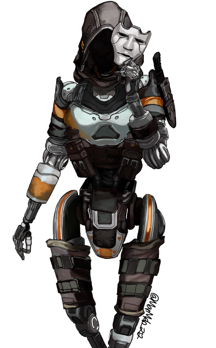 1girl artist_name ash_(titanfall_2) black_eyes faceless highres holstered_weapon hood humanoid_robot knife kotone_a no_humans robot science_fiction solo titanfall_(series) titanfall_2 walking white_background