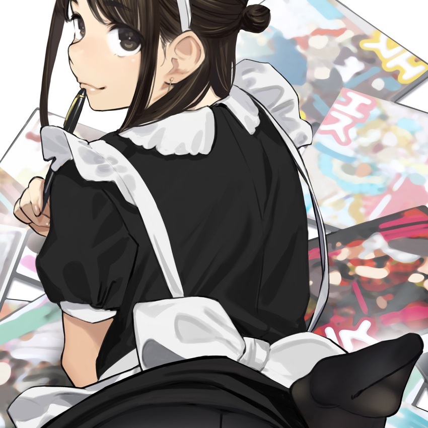 1girl black_hair character_request copyright_request folded_ponytail from_behind highres looking_at_viewer looking_back maid manga_(object) pen solo updo yomu_(sgt_epper)