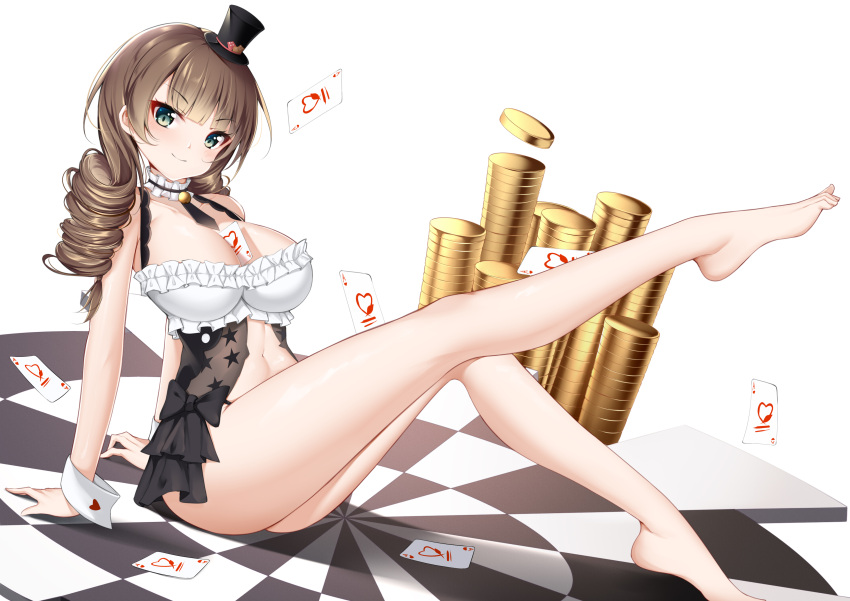 1girl absurdres ass azur_lane barefoot between_breasts breasts brown_hair bustier card card_between_breasts cat_(yidsv) choker coin dartboard dead_or_alive drill_hair eyebrows_visible_through_hair frilled_choker frills green_eyes hat highres large_breasts looking_at_viewer mini_hat monica_(doa) outstretched_leg simple_background sitting twin_drills white_background wrist_cuffs