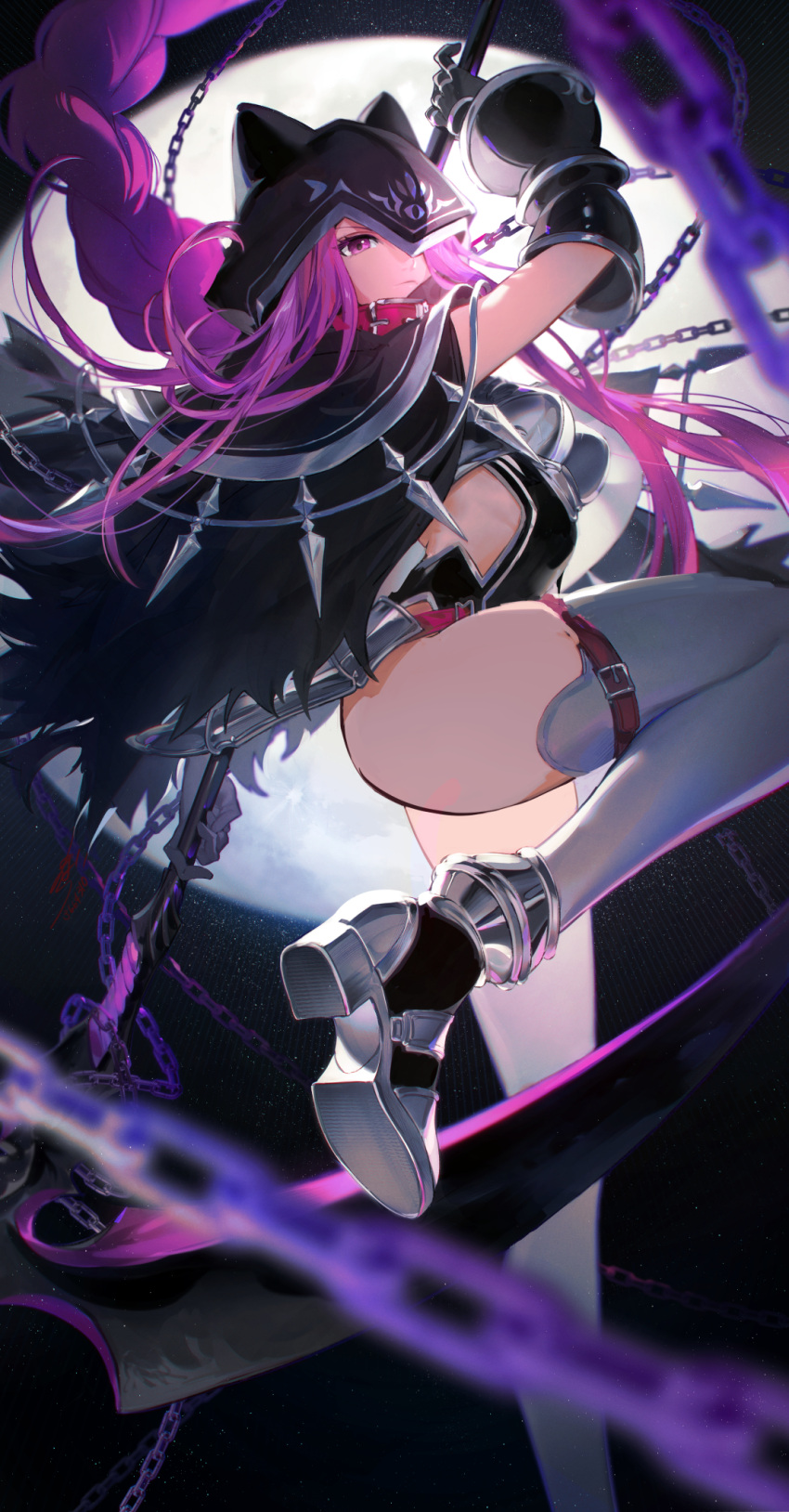 1girl animal_ears arched_back arm_up asymmetrical_gloves black_background black_cape black_gloves black_leotard blurry_foreground breasts cape chain closed_mouth fake_animal_ears fate/grand_order fate_(series) floating_hair full_moon gloves grey_legwear highres holding holding_scythe hood hood_over_eyes hood_up hooded hoojiro leotard long_hair medium_breasts medusa_(lancer)_(fate) moon purple_hair red_eyes scythe solo standing thigh-highs very_long_hair white_gloves