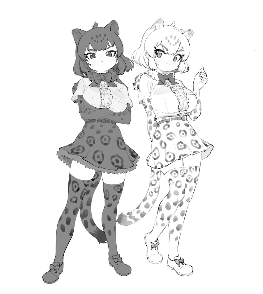 2girls animal_ears arm_behind_back bangs belt black_footwear black_jaguar_(kemono_friends) black_neckwear blush bow bowtie breasts character_request check_character crossed_arms elbow_gloves frilled_shirt frills full_body fur_trim gloves greyscale hand_up highres jaguar_(kemono_friends) jaguar_ears jaguar_girl jaguar_print jaguar_tail kemono_friends kona_ming large_breasts looking_at_viewer monochrome multiple_girls print_legwear shirt shoes short_hair short_sleeves simple_background skirt standing tail thigh-highs white_background white_footwear