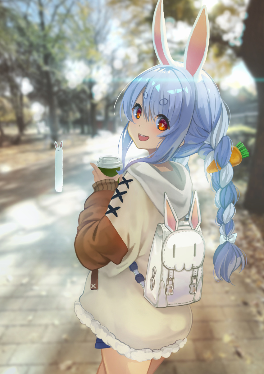 1girl absurdres alternate_costume animal_ears backpack bag blurry blurry_background braid brown_hoodie carrot_hair_ornament casual coffee_cup commentary coppelia_(futamine) cowboy_shot cup day disposable_cup don-chan_(usada_pekora) drink eyebrows_visible_through_hair food_themed_hair_ornament hair_between_eyes hair_ornament hair_ribbon highres holding holding_drink hololive hood hoodie light_blue_hair long_hair long_sleeves looking_at_viewer looking_back multicolored_hair open_mouth outdoors rabbit_ears red_eyes ribbon smile solo symbol-shaped_pupils thick_eyebrows tress_ribbon twin_braids twintails two-tone_hair usada_pekora virtual_youtuber white_hair