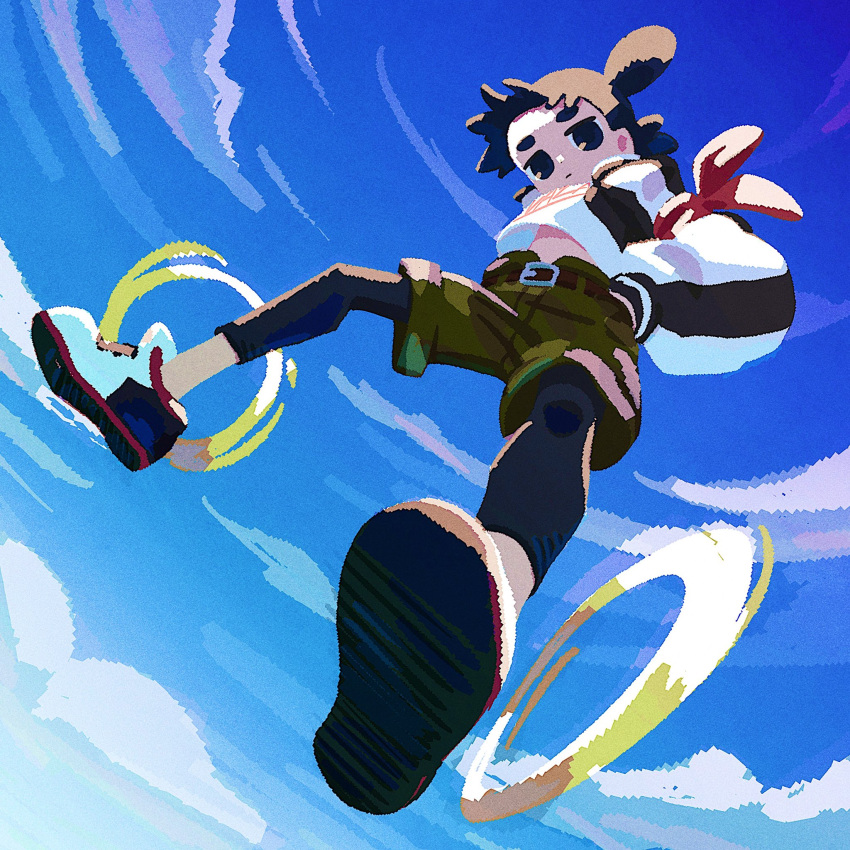 1boy belt black_eyes black_hair black_legwear blue_sky camouflage camouflage_shorts clouds cloudy_sky day double_bun from_below hands_in_pockets highres kunitarou-art legwear_under_shorts long_sleeves looking_at_viewer nezha_(the_legend_of_luoxiaohei) outdoors pantyhose puffy_long_sleeves puffy_sleeves shoes shorts sky solo the_legend_of_luo_xiaohei upshirt