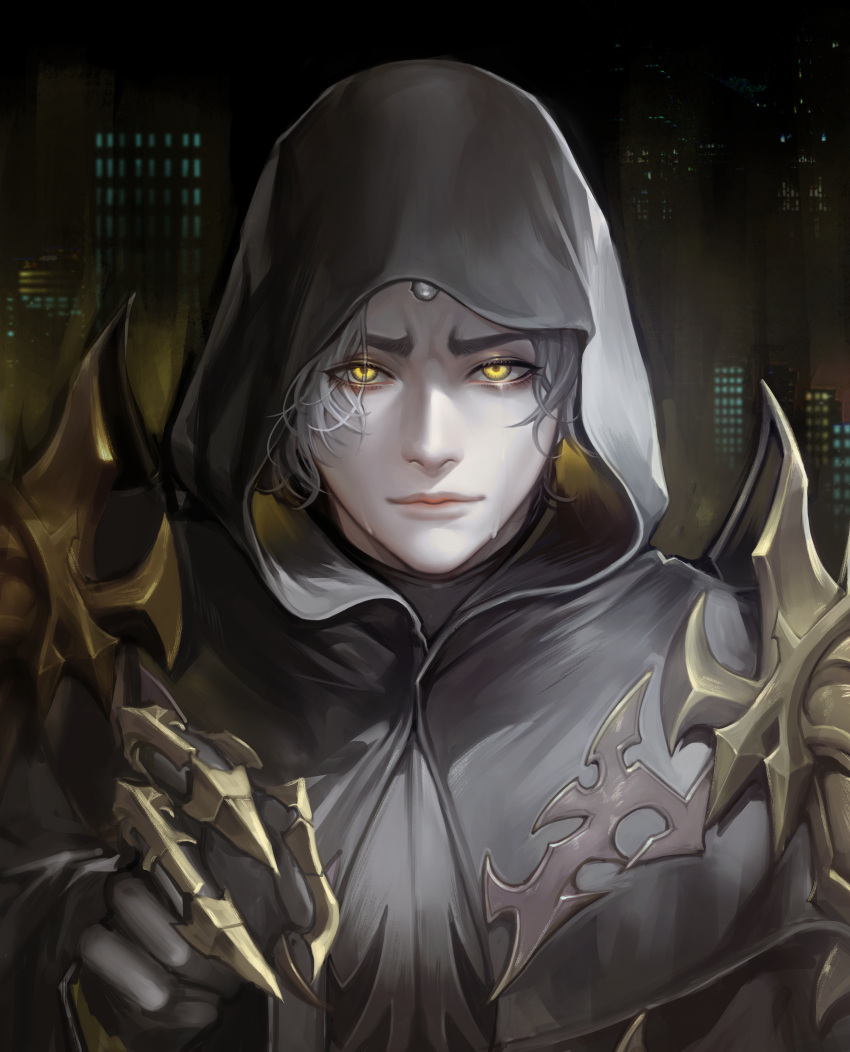 1boy absurdres armor black_robe city city_lights cityscape claws crying dark_persona emet-selch english_commentary eyelashes final_fantasy final_fantasy_xiv garlean glowing glowing_eyes hajun_(hey_sangha) highres hooded_robe huge_filesize lips looking_at_viewer male_focus shoulder_armor solo tears yellow_eyes