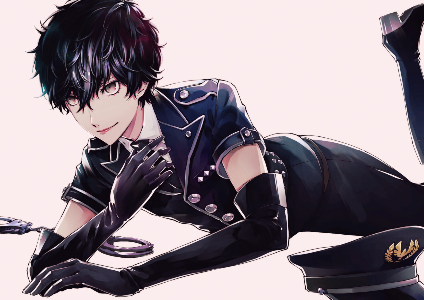 1boy amamiya_ren androgynous bangs black_gloves black_hair black_jacket black_nails black_neckwear black_pants boots brown_eyes closed_mouth collared_shirt cuffs elbow_gloves gloves hair_between_eyes handcuffs hat hat_removed headwear_removed highres jacket knee_boots leg_up lipstick lying makeup nail_polish necktie on_stomach pants persona persona_5 shiny shiny_hair shirt short_sleeves simple_background solo white_background white_footwear white_shirt wing_collar yuu_(isis7796)