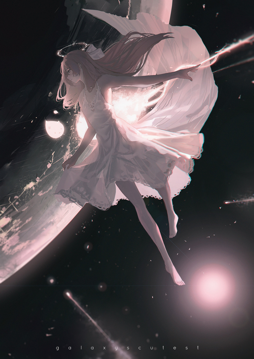1girl bare_shoulders barefoot bow brown_eyes brown_hair closed_mouth creature dress english_text erospanda eyebrows_visible_through_hair floating hair_bow halo highres long_hair original planet shooting_star space white_bow white_dress