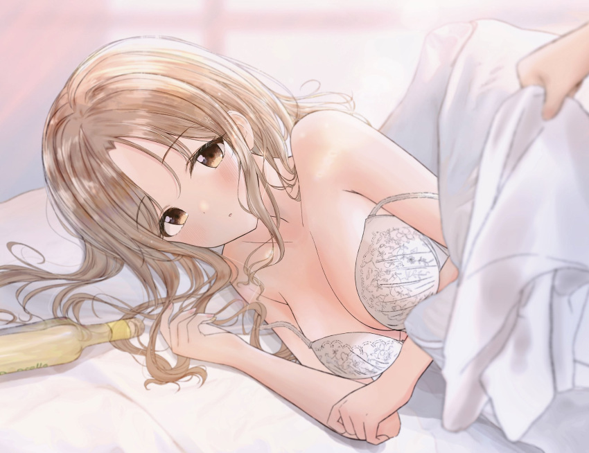 1girl artist_request bare_shoulders blanket blurry blurry_background bottle bra breasts brown_eyes brown_hair commentary_request fingernails highres ichikawa_hinana idolmaster idolmaster_shiny_colors large_breasts long_hair looking_at_viewer lying on_bed on_side pillow pink_nails pov pov_hands solo_focus under_covers underwear white_bra