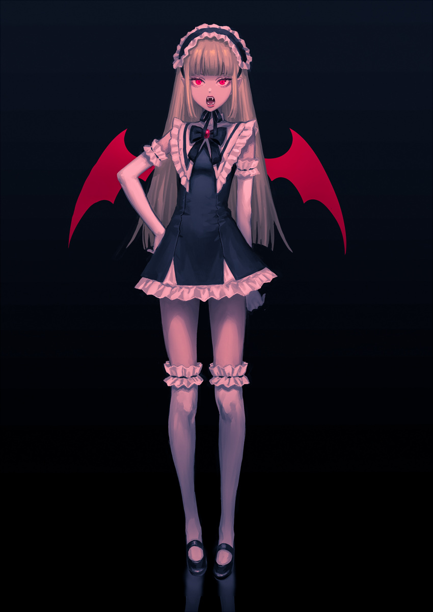 1girl arm_behind_back bands bangs black_background black_bow black_footwear black_neckwear black_ribbon blonde_hair blunt_bangs bow ccakira000 demon_wings elbow_gloves fangs frilled_gloves frilled_legwear frills gloves hand_on_hip highres long_hair looking_at_viewer maid_headdress neck_ribbon open_mouth original red_eyes ribbon simple_background solo standing vampire white_gloves white_legwear wings