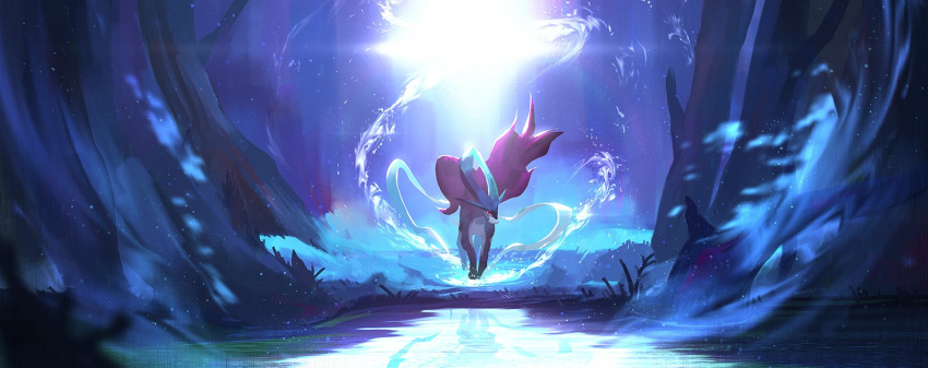 commentary_request forest gen_2_pokemon glowing glowing_eyes legendary_pokemon looking_at_viewer nature no_humans otsumami_(bu-bu-heaven) pokemon pokemon_(creature) red_eyes reflection solo suicune tree water