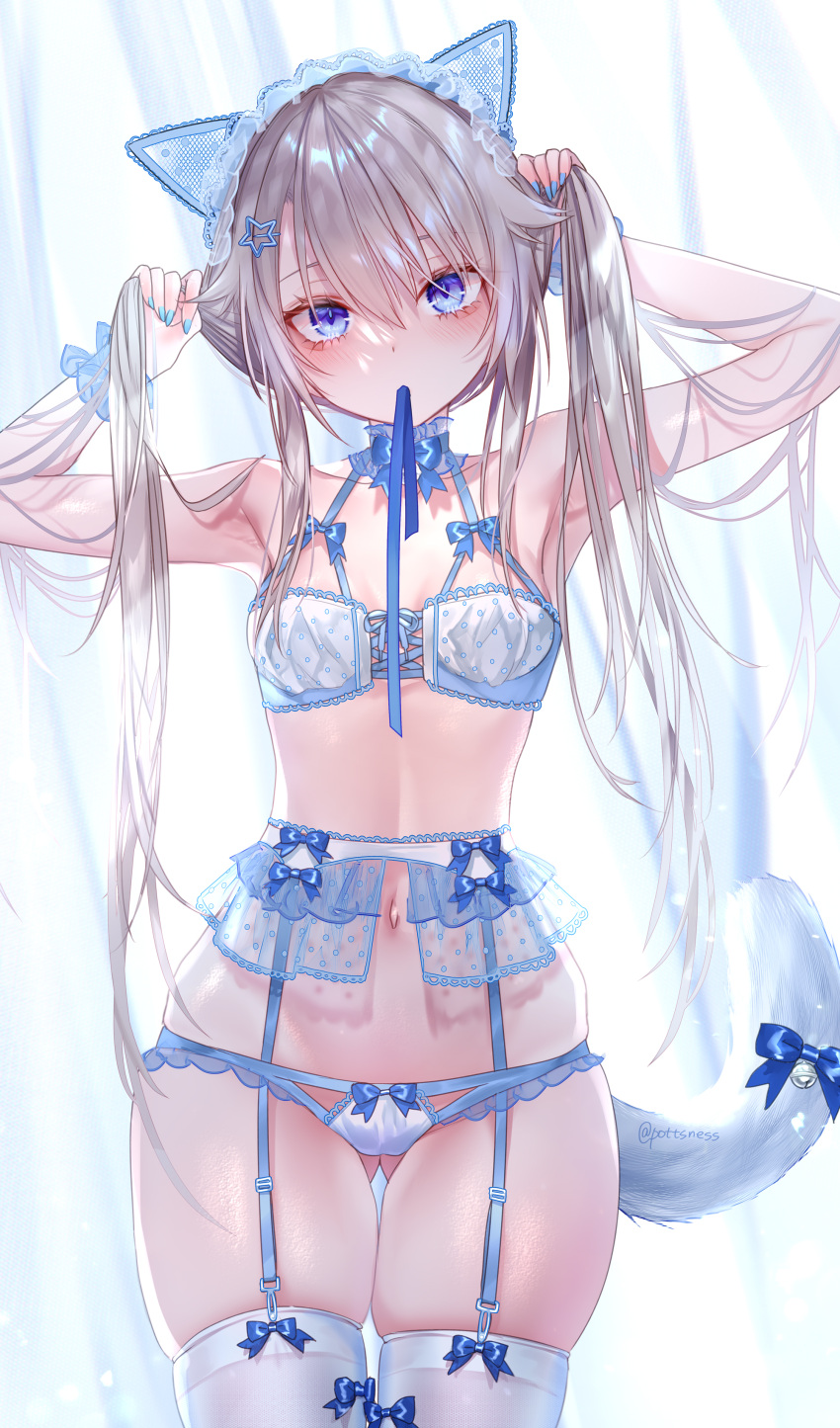 1girl 9a-91_(girls_frontline) absurdres animal_ears armpits arms_up ass_visible_through_thighs bare_arms bare_shoulders blue_eyes blue_ribbon bra breasts bunching_hair cat_ears cat_girl cat_tail choker cowboy_shot frilled_choker frills garter_belt garter_straps girls_frontline hair_ornament halterneck headdress highres kemonomimi_mode lingerie long_hair looking_at_viewer mouth_hold navel pottsness ribbon silver_hair skindentation small_breasts solo standing stomach tail thigh-highs thigh_gap thighs twintails underwear underwear_only very_long_hair white_bra white_legwear