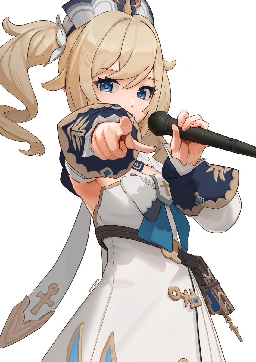1girl :d absurdres armpits bangs barbara_(genshin_impact) blonde_hair blue_eyes book bow cowboy_shot detached_sleeves dress genshin_impact highres holding holding_microphone huge_filesize long_hair long_sleeves microphone music open_mouth outstretched_arm pointing pointing_at_viewer simple_background singing smile solo strapless strapless_dress twintails twitter_username white-hat white_background white_bow white_dress wusie2