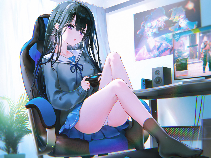 1girl ass bangs black_hair black_legwear black_shirt blue_skirt chair controller curtains desk eyebrows_visible_through_hair fern game_controller highres holding holding_controller long_hair monitor nekoremon non-web_source original panties pantyshot parted_lips plant pleated_skirt poster_(object) potted_plant sailor_collar school_uniform serafuku shirt sidelocks sitting skirt socks solo speaker thighs underwear video_game violet_eyes white_panties white_sailor_collar window wire