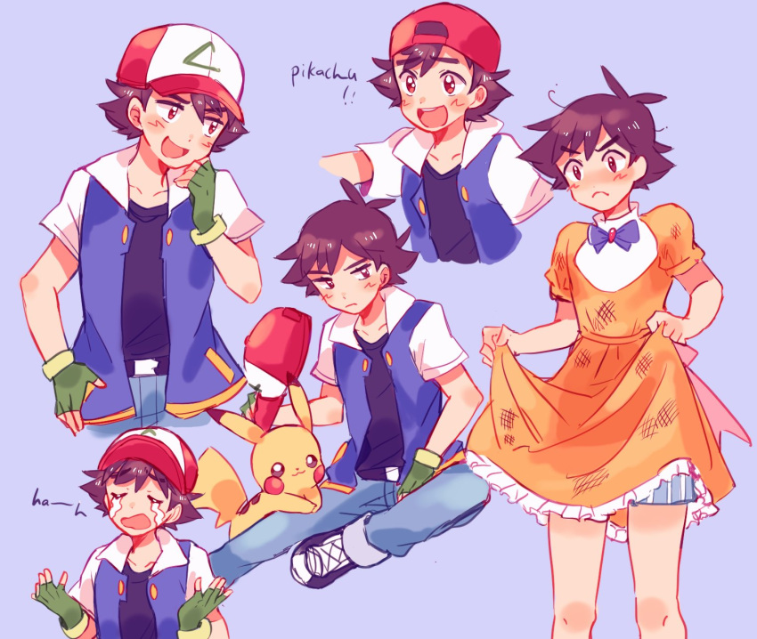 1boy ash_ketchum ashley_(pokemon) backwards_hat bangs baseball_cap belt black_shirt blush brown_hair closed_mouth collarbone commentary crossdressinging crying dirty dirty_clothes dress dress_bow embarrassed english_commentary eyebrows_visible_through_hair fingerless_gloves frills frown gen_1_pokemon gloves green_gloves hand_up hat head_tilt highres jacket kakisatober knees looking_to_the_side male_focus open_mouth orange_dress pikachu pokemon pokemon_(anime) pokemon_(classic_anime) pokemon_(creature) raised_eyebrows shirt short_hair short_sleeves smile teeth tongue