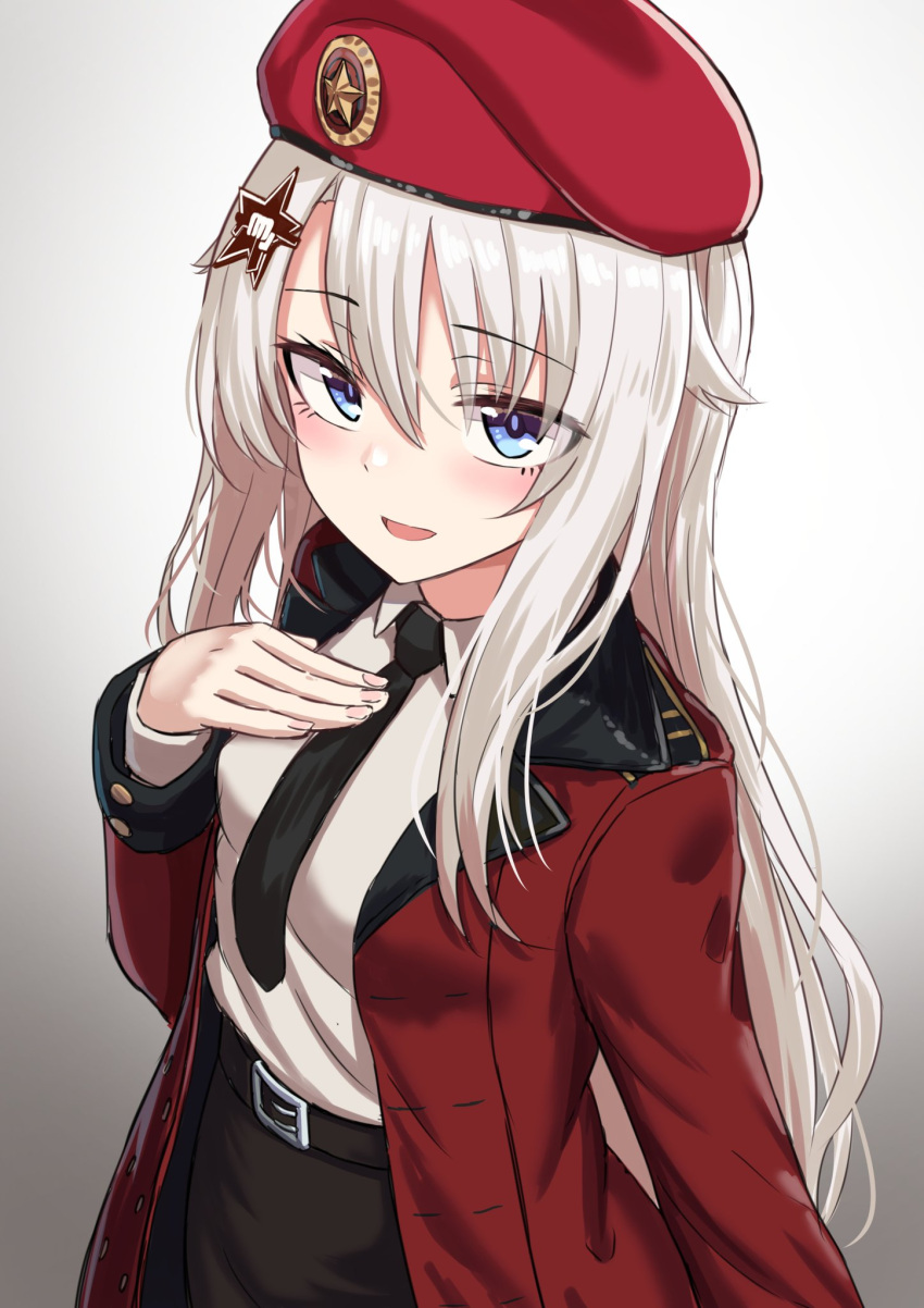 1girl 9a-91_(girls_frontline) alternate_costume belt beret blue_eyes blush eyebrows_visible_through_hair girls_frontline hair_ornament hand_on_own_chest hat highres image_sample long_hair military military_jacket military_uniform necktie open_mouth silver_hair solo star_(symbol) star_hair_ornament twitter_sample uniform very_long_hair white_background yakob_labo