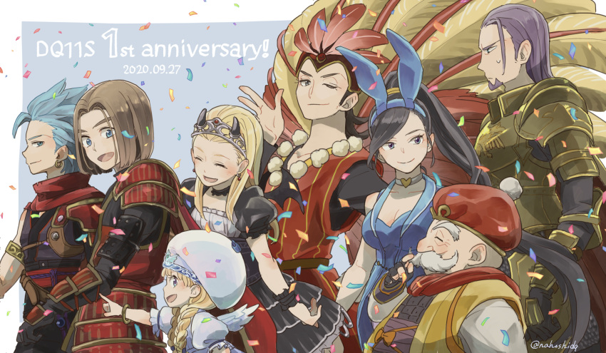3girls 5boys alternate_costume angel_wings animal_ears anniversary armor bat_wings black_eyes black_hair blonde_hair blue_eyes blue_hair blush bracelet braid breastplate camus_(dq11) cape choker closed_eyes commentary confetti copyright_name dated demon_horns dragon_quest dragon_quest_xi dress earrings facial_hair feathers goatee greig_(dq11) grey_hair hand_gesture hand_up hat hero_(dq11) high_ponytail highres horns jewelry looking_at_another looking_back martina_(dq11) multiple_boys multiple_girls mustache nahoshi one_eye_closed pauldrons playboy_bunny pointing ponytail puffy_short_sleeves puffy_sleeves purple_hair rabbit_ears row_(dq11) senya_(dq11) short_sleeves shoulder_armor spaulders spiky_hair sweatdrop sylvia_(dq11) tiara twin_braids twitter_username veronica_(dq11) wings wrist_cuffs