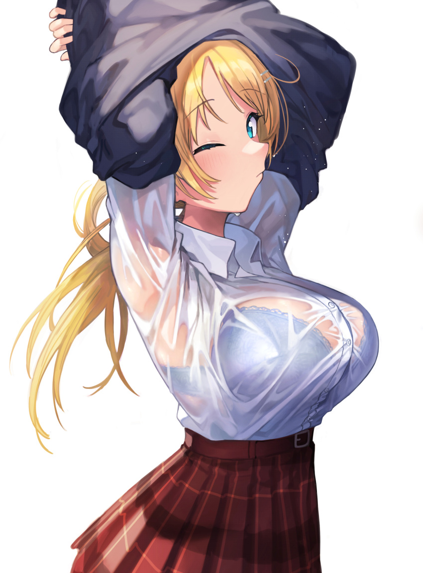 1girl absurdres arms_up bangs belt black_sweater blonde_hair blue_bra blue_eyes bra breasts buttons closed_mouth clothes_lift collared_shirt commentary_request cowboy_shot dress_shirt eyebrows_visible_through_hair from_side hachimiya_meguru hair_ornament hairclip highres idolmaster idolmaster_shiny_colors large_breasts lifted_by_self light_blush long_hair looking_at_viewer looking_to_the_side miniskirt one_eye_closed plaid plaid_skirt pleated_skirt red_skirt school_uniform see-through shirt shirt_tucked_in sideways_glance signalviolet simple_background skirt solo standing sweater sweater_lift swept_bangs underwear undressing wet wet_clothes wet_shirt white_background white_shirt