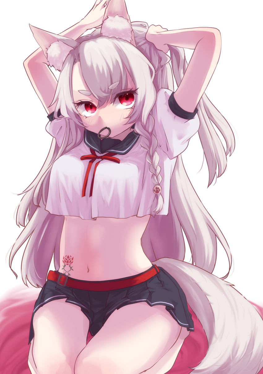 1girl absurdres animal_ear_fluff animal_ears arms_behind_head arms_up azur_lane bangs belt black_sailor_collar black_skirt blush braid breasts commentary_request crop_top crop_top_overhang eyebrows_visible_through_hair hair_between_eyes hair_tie highres long_hair looking_at_viewer medium_breasts meltingfj midriff miniskirt mouth_hold navel neck_ribbon pleated_skirt puffy_short_sleeves puffy_sleeves red_belt red_eyes red_ribbon ribbon sailor_collar school_uniform seiza serafuku short_sleeves side_braid sidelocks silver_hair simple_background sitting skirt solo stomach_tattoo tail tattoo thick_eyebrows tying_hair white_background white_serafuku wolf_ears wolf_tail yuudachi_(azur_lane)