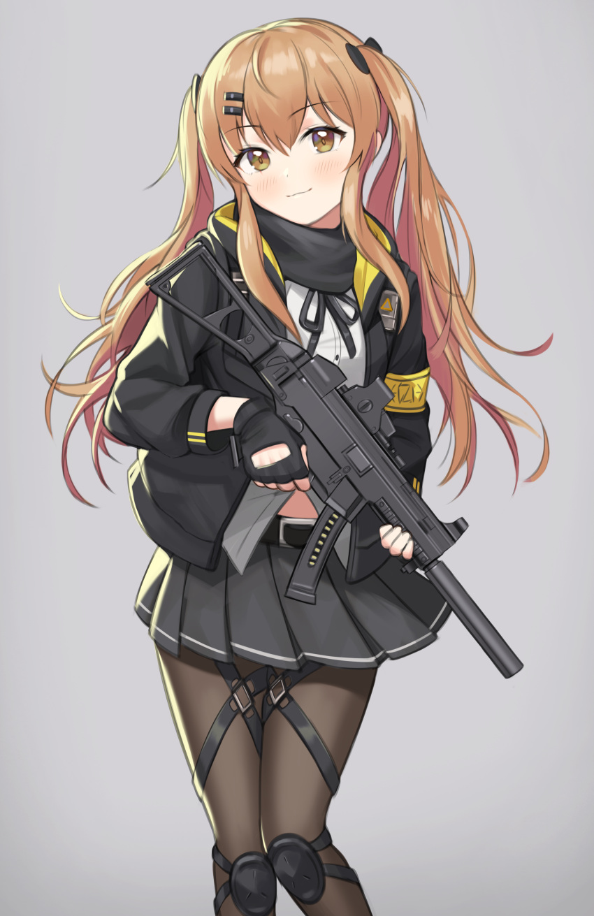 1girl :3 absurdres bangs belt black_belt black_gloves black_jacket black_legwear black_ribbon black_scarf black_skirt blush bow brown_eyes brown_hair brown_legwear closed_mouth commentary dress_shirt feet_out_of_frame fingerless_gloves girls_frontline gloves grey_background gun haeil2 hair_bow hair_ornament hairclip highres holding holding_gun holding_weapon jacket knee_pads long_hair long_sleeves looking_at_viewer miniskirt neck_ribbon open_clothes open_jacket pantyhose pleated_skirt ribbon scarf shirt simple_background skirt smile solo standing submachine_gun twintails ump9_(girls_frontline) weapon white_shirt