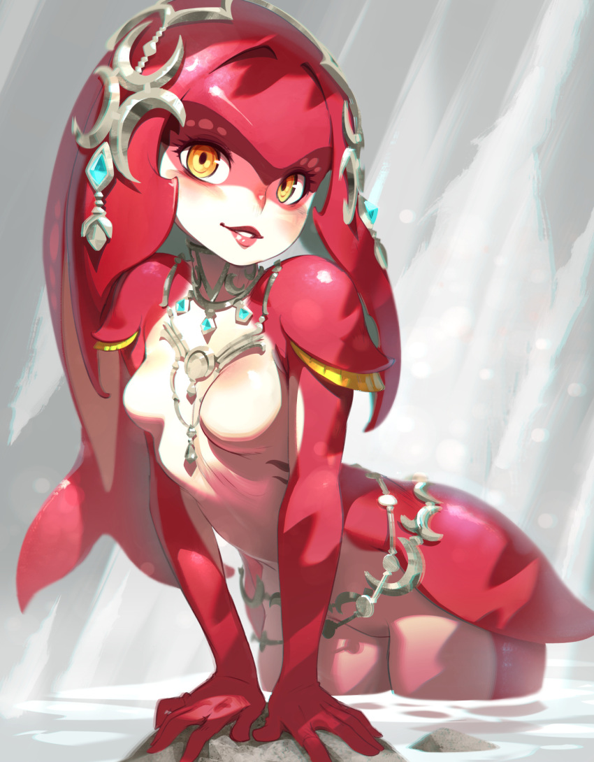 breasts clip_studio_paint_(medium) colored_skin fins fish_girl gills highres lips mipha monster_girl multicolored multicolored_skin red_skin small_breasts the_legend_of_zelda the_legend_of_zelda:_breath_of_the_wild xavier_houssin