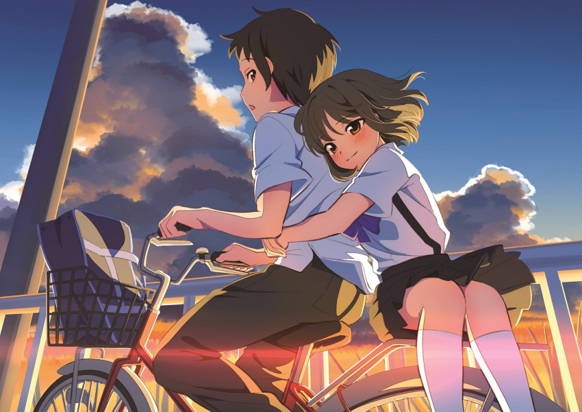 1boy 1girl arms_around_waist bag bangs bicycle bicycle_basket black_pants black_skirt blush bow brown_eyes brown_hair closed_mouth clouds cloudy_sky commentary_request day from_side ground_vehicle highres hotaru_iori kyon looking_back multiple_riders open_mouth outdoors pants pleated_skirt purple_bow riding sasaki_(suzumiya_haruhi) school_bag school_uniform shirt short_hair short_sleeves skirt sky smile sunlight suspenders suzumiya_haruhi_no_yuuutsu thigh-highs twilight white_legwear white_shirt younger