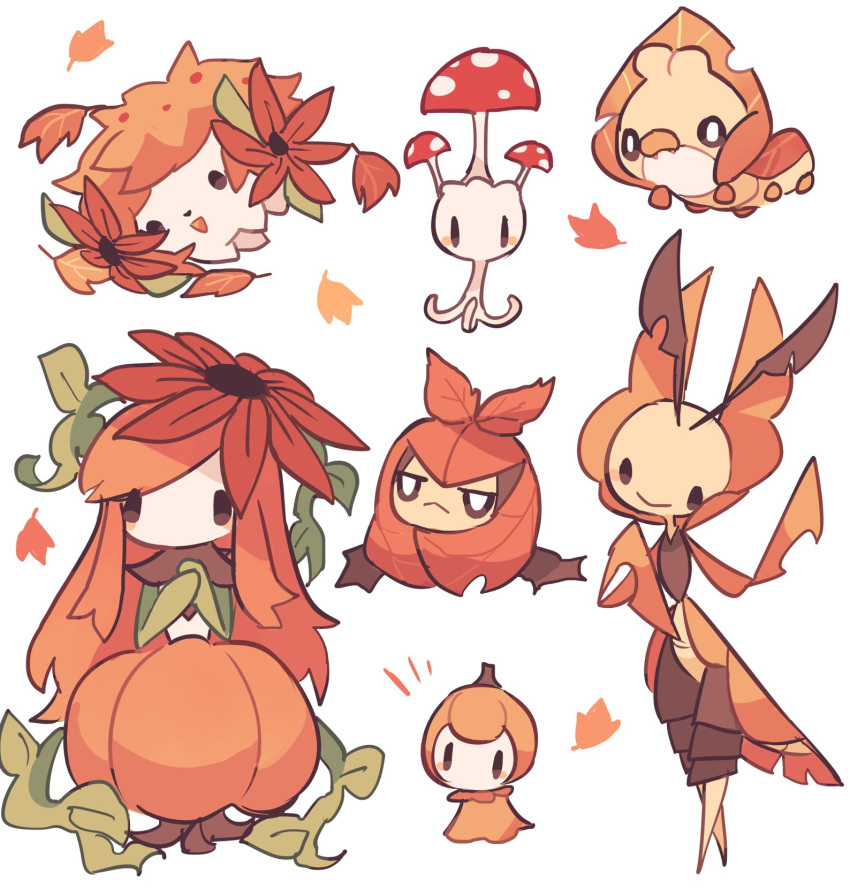 alternate_color autumn_leaves brown_eyes charamells closed_mouth commentary english_commentary fangs gen_4_pokemon gen_5_pokemon gen_7_pokemon head_tilt highres leavanny lilligant morelull mythical_pokemon open_mouth petilil pokemon pokemon_(creature) sewaddle shaymin smile swadloon white_background