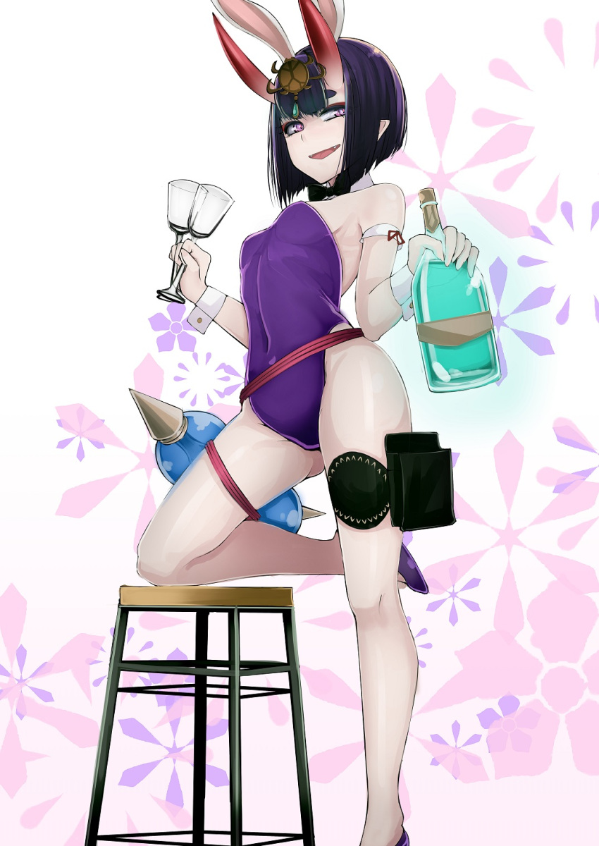 1girl alcohol animal_ears b.d bare_legs bare_shoulders black_neckwear bob_cut bottle bow bowtie breasts commentary covered_navel cup detached_collar drinking_glass fake_animal_ears fangs fate/grand_order fate_(series) gourd headpiece highres horns leg_up leotard narrowed_eyes oni_horns open_mouth playboy_bunny pointy_ears purple_footwear purple_hair purple_leotard rabbit_ears short_hair shuten_douji_(fate/grand_order) skin-covered_horns small_breasts smile smug solo standing standing_on_one_leg thick_eyebrows violet_eyes wine_bottle wine_glass wrist_cuffs