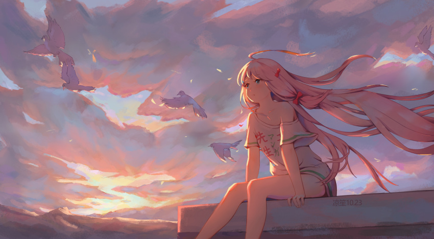 1girl ahoge bangs blue_eyes bow clouds cloudy_sky collarbone eromanga_sensei eyebrows_visible_through_hair floating_hair hair_bow highres izumi_sagiri leaning_forward long_hair naked_shirt off-shoulder_shirt off_shoulder print_shirt red_bow shirt short_sleeves silver_hair sitting sky solo suzushou twintails very_long_hair white_shirt