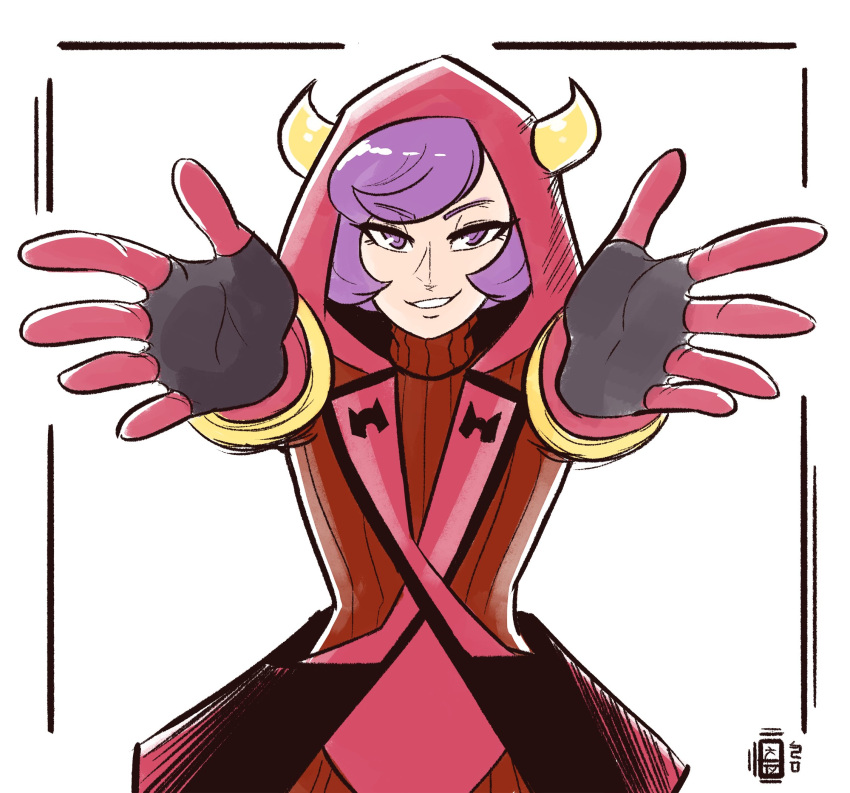 1girl courtney_(pokemon) eyelashes fake_horns gloves highres hood hoodie horns hug pokemon pokemon_(game) pokemon_rse purple_hair red_hoodie ribbed_sweater scruffyturtles smile sweater team_magma team_magma_uniform turtleneck turtleneck_sweater upper_body violet_eyes white_background