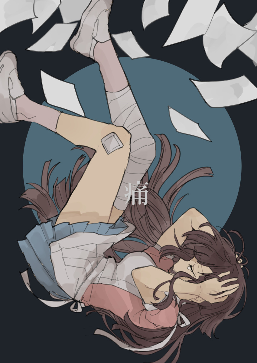 1girl absurdres angst apron asymmetrical_legwear bandaged_leg bandages bare_arms black_background blue_background blue_skirt circle closed_eyes commentary_request covering_ears crying dangan_ronpa_(series) dangan_ronpa_2:_goodbye_despair falling full_body highres long_hair open_mouth paper pink_shirt pleated_skirt profile purple_hair shindyushiyou shirt short_sleeves simple_background skirt socks solo tears translation_request tsumiki_mikan white_footwear white_legwear