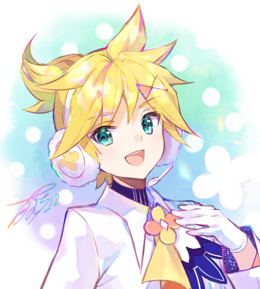 1boy bow bowtie commentary earmuffs formal fur-trimmed_gloves fur_trim fuzichoco gloves headphones headset highres kagamine_len looking_at_viewer magical_mirai_(vocaloid) male_focus open_mouth short_ponytail signature smile solo spiky_hair suit upper_body vocaloid white_gloves white_suit