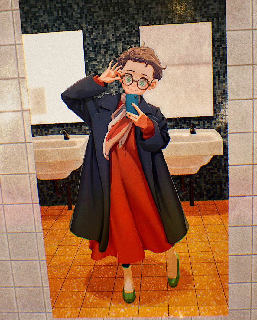 1girl brown_hair cellphone chromatic_aberration dress full_body glasses green_eyes green_footwear highres holding holding_phone indoors kunitarou-art long_sleeves mirror original phone red_dress reflection self_shot short_hair sink smartphone solo taking_picture