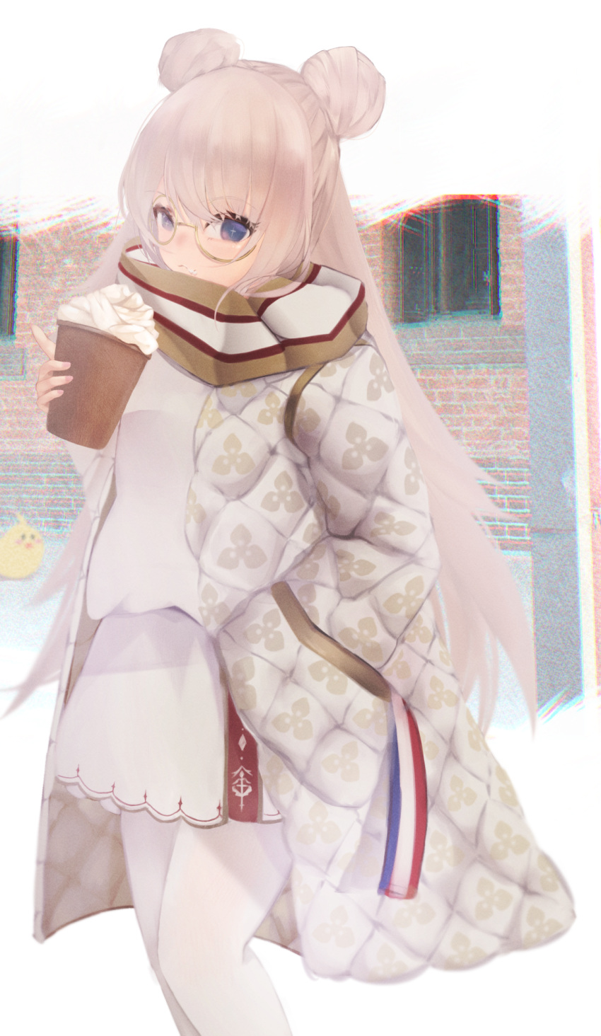 +_+ azur_lane bangs blue_eyes closed_mouth coffee cream cream_on_face double_bun eyebrows_visible_through_hair food food_on_face frappuccino highres jacket le_malin_(azur_lane) long_hair looking_at_viewer manjuu_(azur_lane) outdoors pantyhose round_eyewear scarf sidelocks silver_hair standing suigetsu-mitsuki sweater symbol_commentary very_long_hair whipped_cream white_jacket white_legwear white_sweater winter_clothes