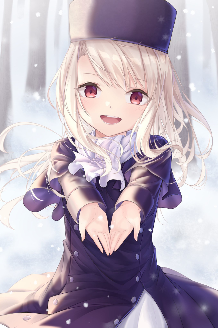 1girl :d bangs blush coat eyebrows_visible_through_hair fate/stay_night fate_(series) floating_hair forest hat highres illyasviel_von_einzbern long_hair long_sleeves looking_at_viewer nattsu_(nattu888_8) nature open_mouth purple_capelet purple_coat purple_headwear red_eyes shiny shiny_hair silver_hair smile snowing solo white_neckwear winter