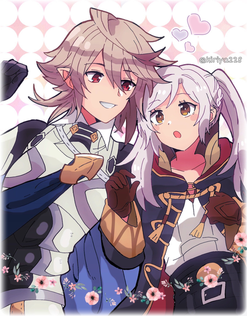 1boy 1girl armor belt belt_buckle black_gloves blue_cape blush braid brown_gloves buckle cape cloak collarbone commentary_request corrin_(fire_emblem) corrin_(fire_emblem)_(male) eye_contact eyebrows_visible_through_hair fire_emblem fire_emblem_awakening fire_emblem_fates fire_emblem_heroes flower french_braid gloves grey_hair hair_between_eyes heart highres hood hood_down hooded_cloak kiriya_(552260) long_hair long_sleeves looking_at_another manakete open_clothes open_mouth pink_flower pointy_ears red_eyes robin_(fire_emblem) robin_(fire_emblem)_(female) shirt short_hair smile teeth twintails twitter_username white_hair white_shirt yellow_eyes