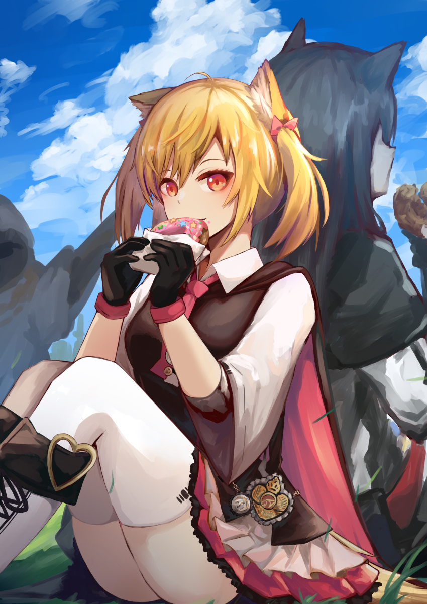 1boy 2girls absurdres animal_ears arknights ass back-to-back black_gloves black_hair black_vest blonde_hair boots bow clouds commentary doughnut eating food gloves hair_bow highres holding holding_food knees_up long_hair looking_at_viewer miniskirt multiple_girls necktie outdoors penguin_logistics_(arknights) pink_neckwear red_eyes sasa_kurumi shirt short_hair sitting skirt sky sora_(arknights) sweater texas_(arknights) the_emperor_(arknights) thigh-highs tied_hair twintails vest white_footwear white_legwear white_shirt white_sweater wolf_ears