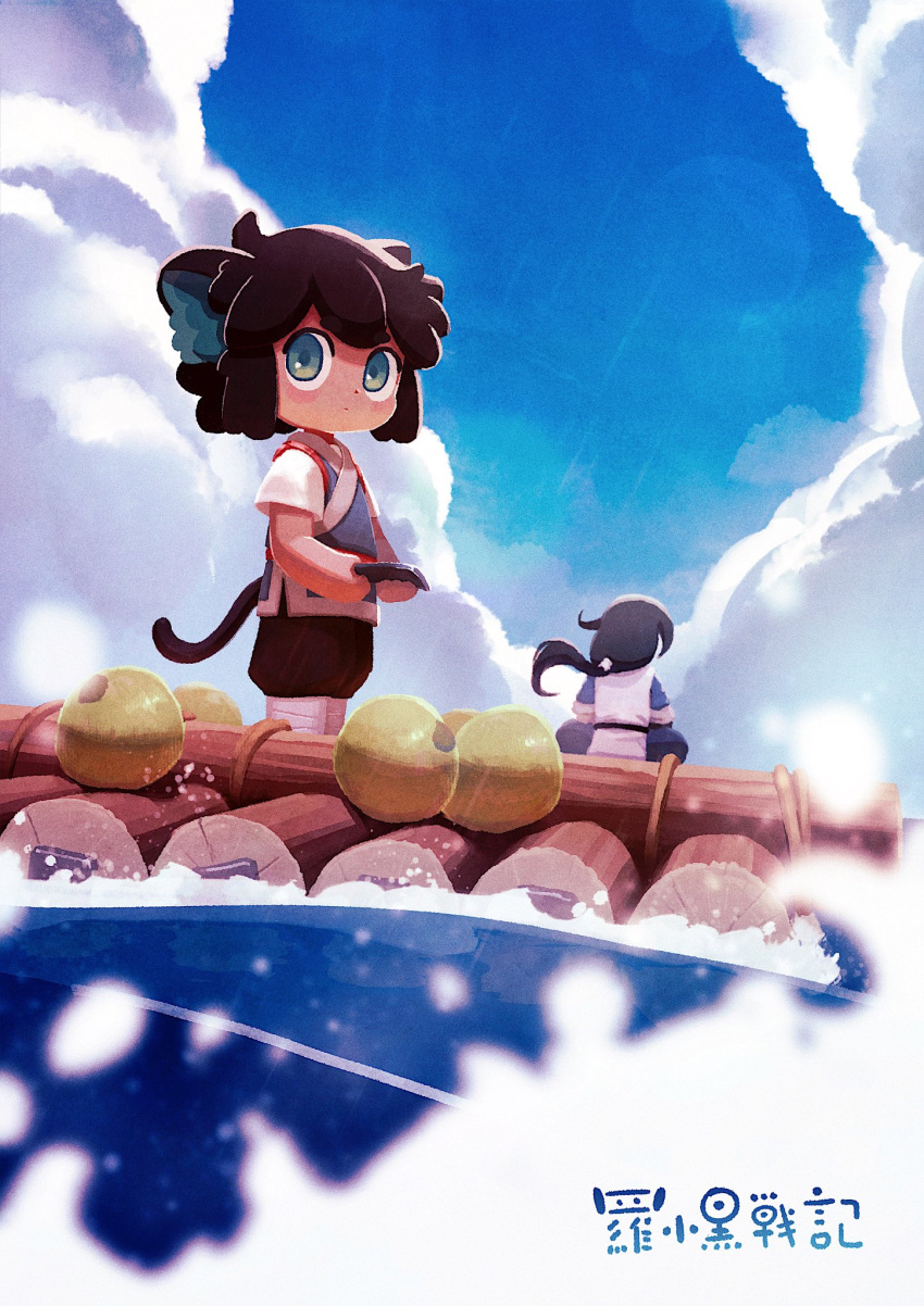2boys animal_ears black_hair blue_sky cat_boy cat_ears cat_tail child clouds cloudy_sky day green_eyes highres holding kunitarou-art long_hair luoxiaohei multiple_boys outdoors raft short_hair short_sleeves sky tail the_legend_of_luo_xiaohei wuxian_(the_legend_of_luoxiaohei)