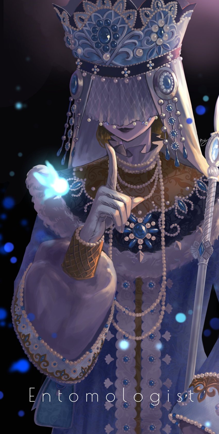 1girl absurdres character_name crown dark_background facing_viewer hair_over_eyes highres huge_filesize identity_v index_finger_raised jewelry melly_plinius necklace pale_skin solo standing veil yufuyuruuu