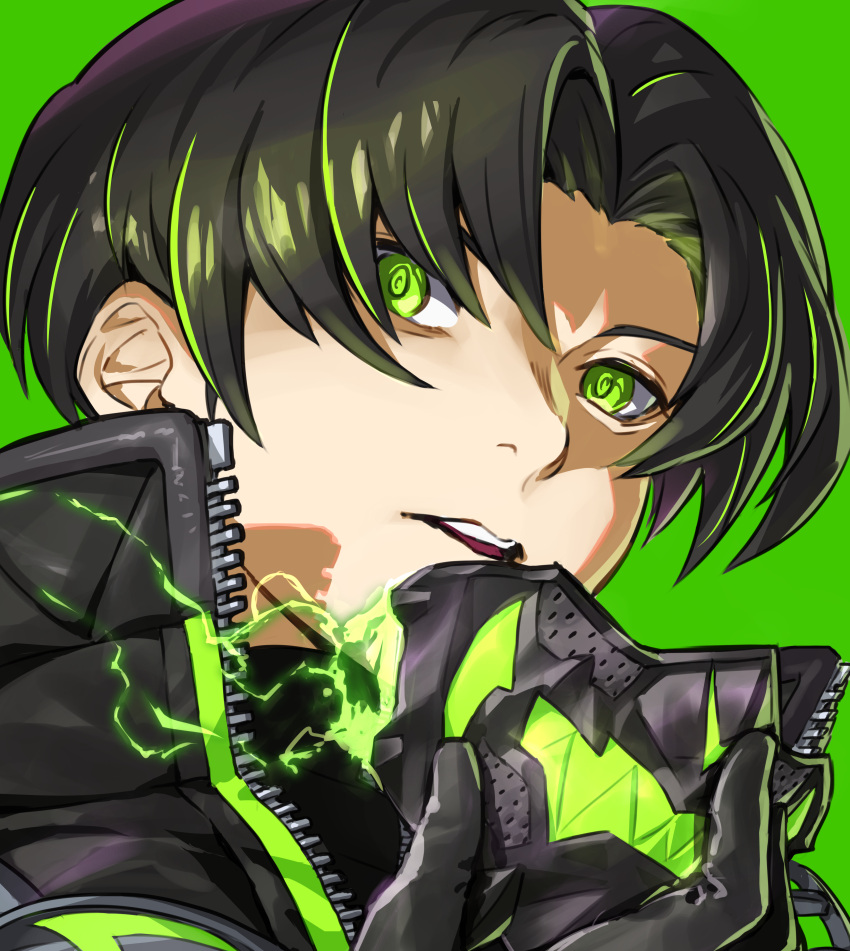 1boy absurdres black_gloves black_hair electricity face gloves green_background green_eyes green_theme highres holding holding_mask male_focus mask mask_removed mouth_mask nemoto_yuuma original parted_lips simple_background solo teeth turtleneck upper_body upper_teeth virtual_youtuber zipper